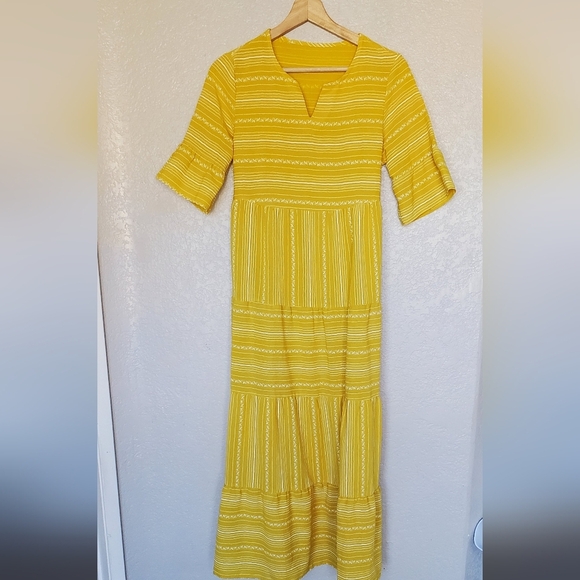 Vintage 70s Yellow & White  Tiered Ruffled Long Prarie Maxi Dress Sz Small Boho - Picture 1 of 5